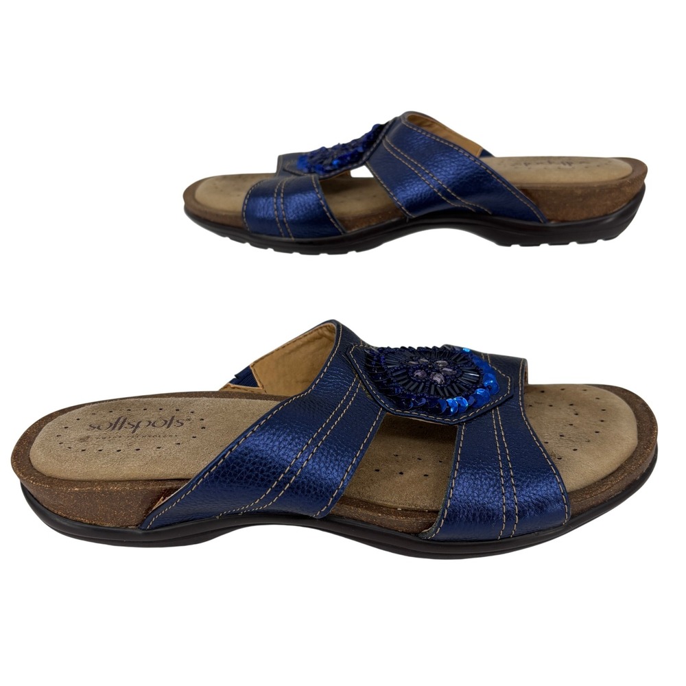 Softspots Slide Sandals Size 8.5 Blue‎ Leather Beaded Floral Wedge Pillotop